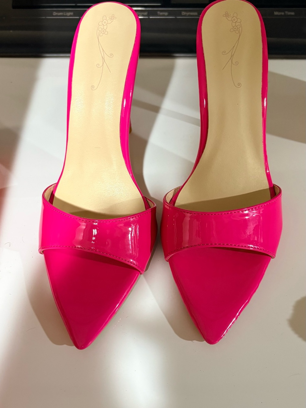 Pointed-Toe Slide Mules in Hot Pink Patent